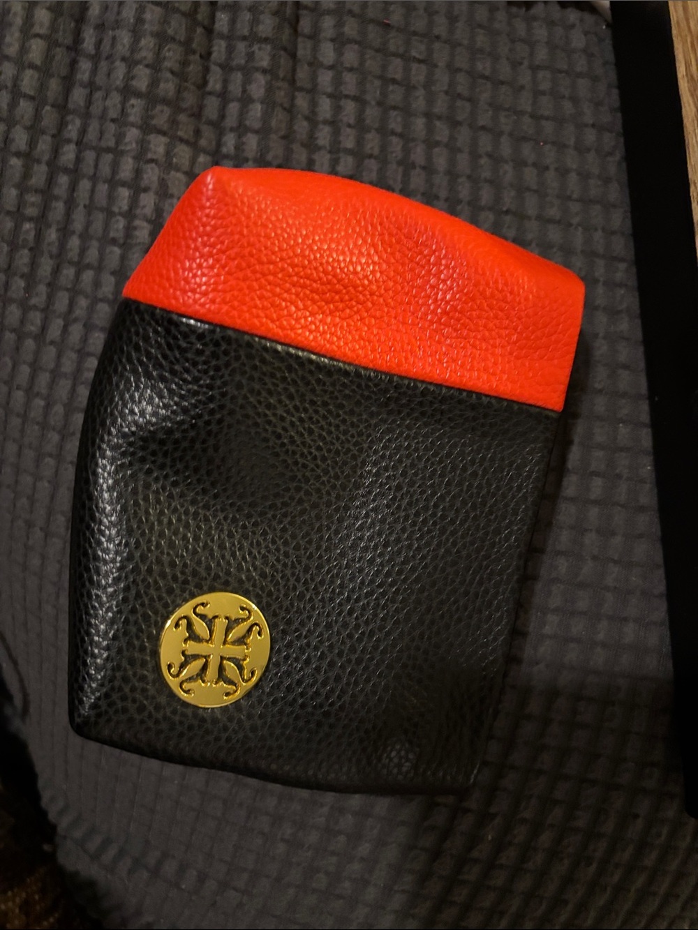 Tory Burch Black and Red Leather -Rustic cuff Toiletry Pouch with Gold Logo